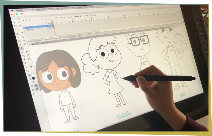 Digital sketches in progress of the characters