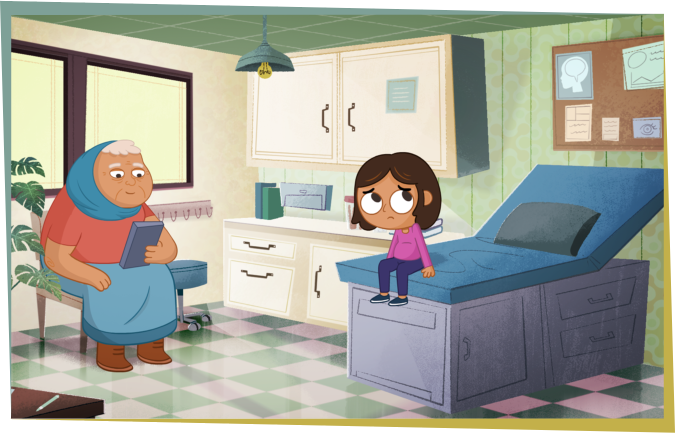 Asha waiting in doctor's office with old woman